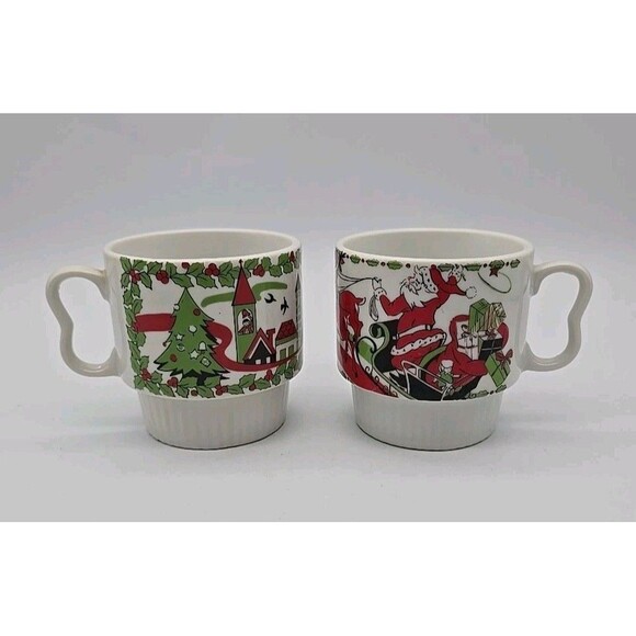Vintage Mid-Century Christmas Stacking Coffee Cups Mugs B Handle Set of 2 - Picture 1 of 12
